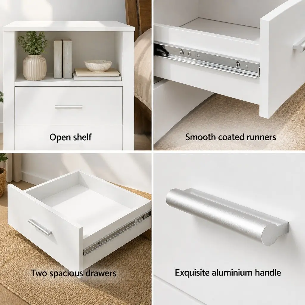Bedside Table with 2 Drawers Open Shelf White Modern Bedroom Nightstand Storage