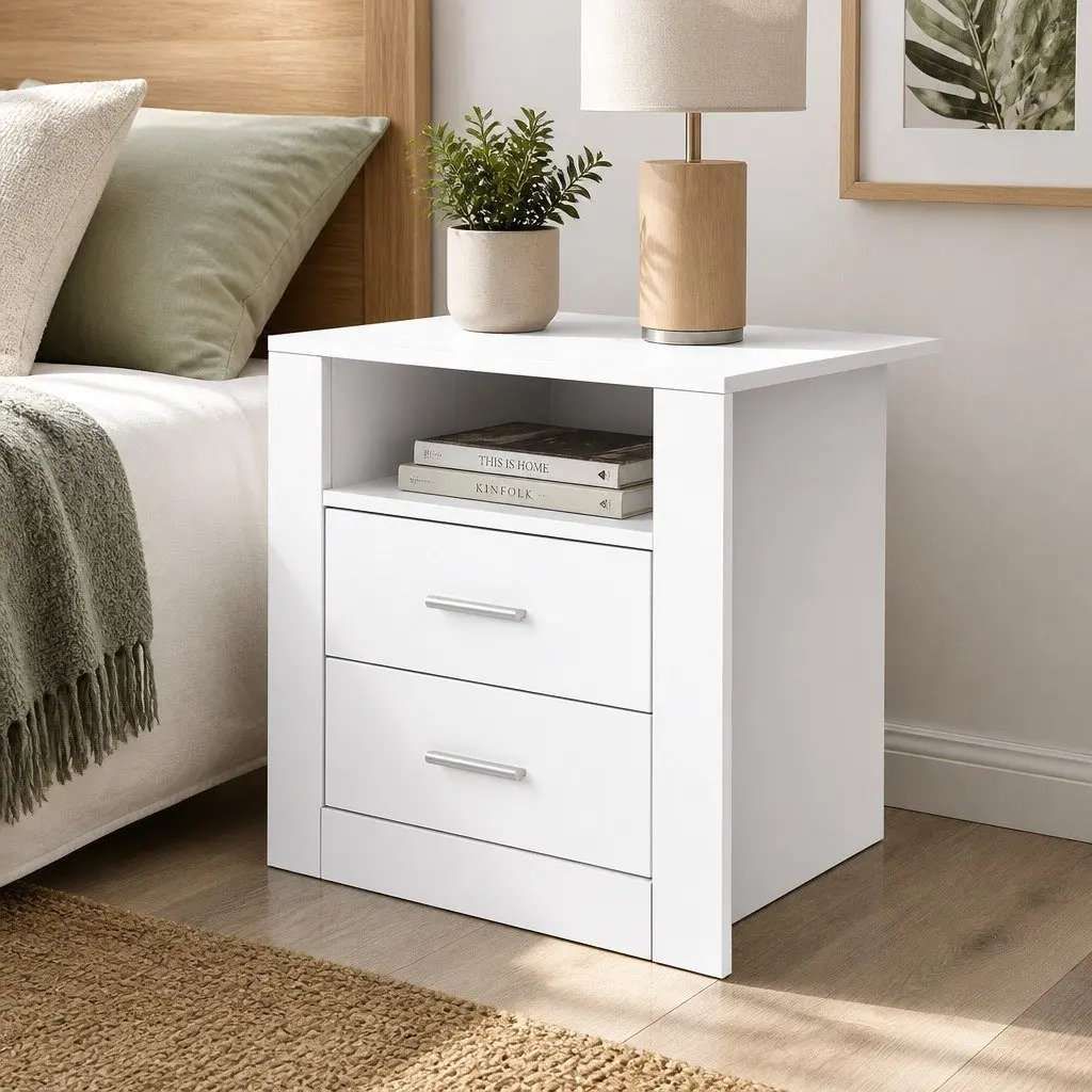 Bedside Table with 2 Drawers Open Shelf White Modern Bedroom Nightstand Storage