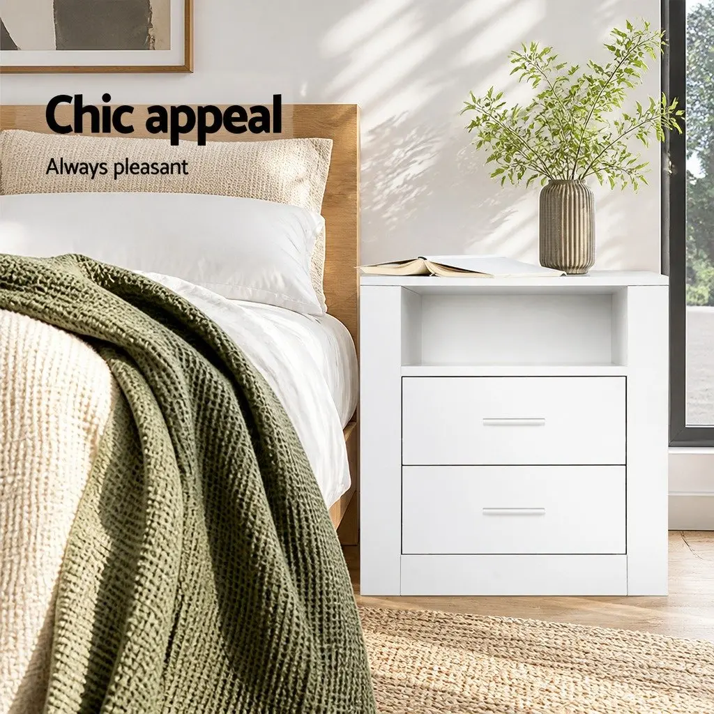Bedside Table 2 Drawers Open Shelf White Modern Storage Nightstand Bedroom