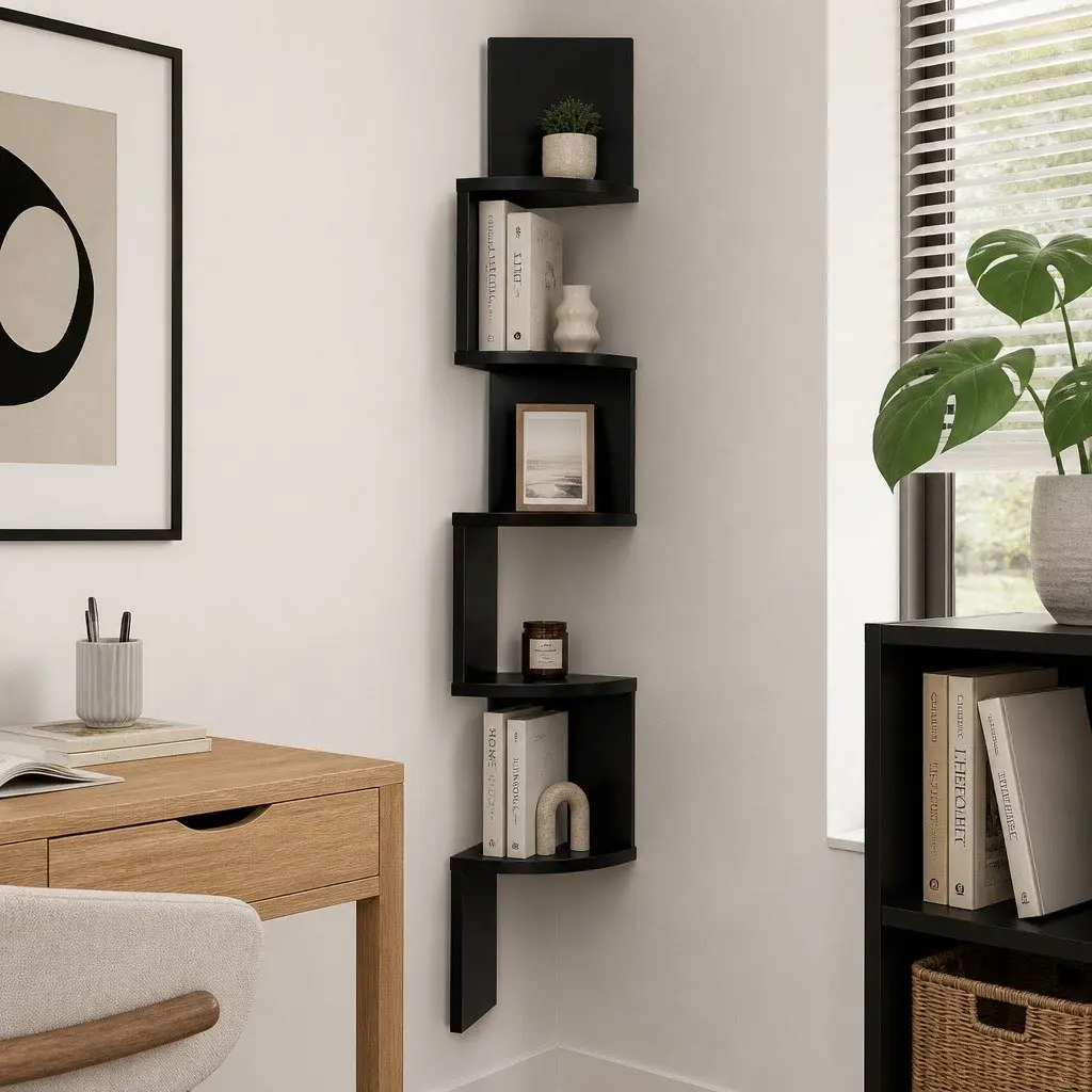 Floating Wall Shelf Corner 5-Tier Black Particle Board for Living Room Bedroom Kitchen