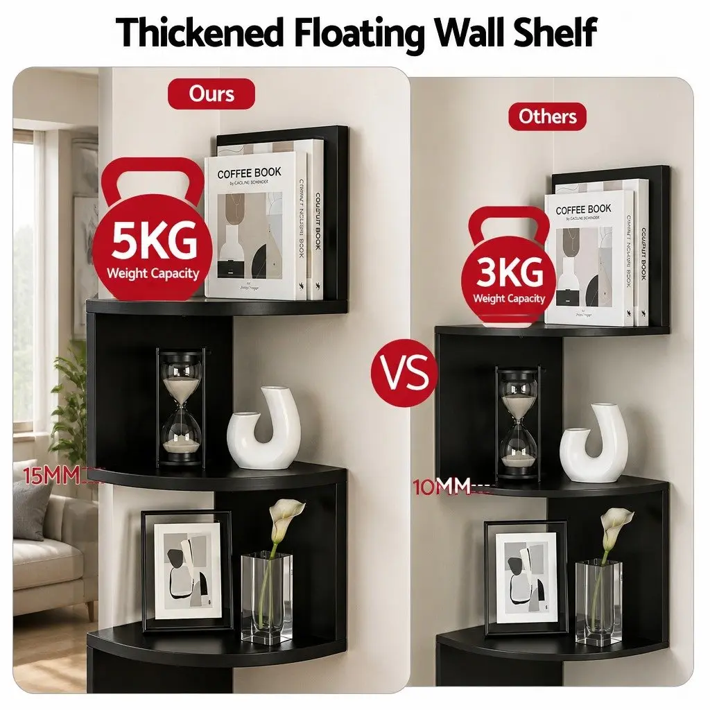 Floating Wall Shelf Corner 5-Tier Black Particle Board for Living Room Bedroom Kitchen