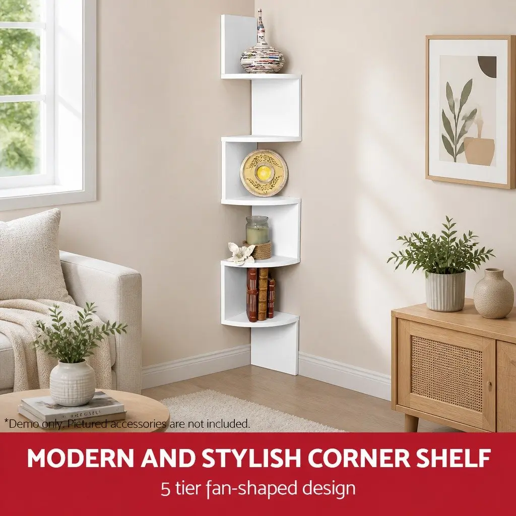 Wall Corner Floating Shelf 5-Tier Particle Board 19.3 x 19.3 x 123cm White