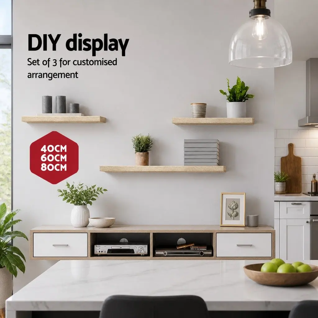 Floating Wall Shelf Set of 3 Metal Frame Melamine Oak 20cm Width 40cm 60cm 80cm Lengths