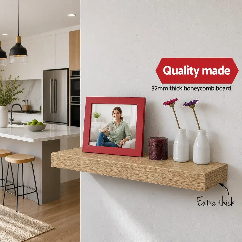 Floating Wall Shelf Set of 3 Metal Frame Melamine Oak 20cm Width 40cm 60cm 80cm Lengths