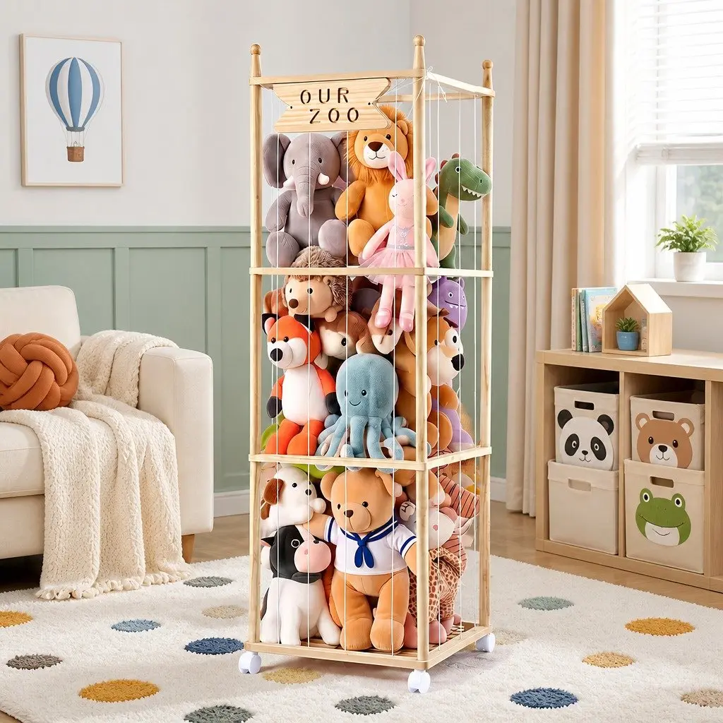 Wooden Toy Organizer Vertical Storage Tower for Stuffed Animals with Wheels Natural Lightwood 135cm
