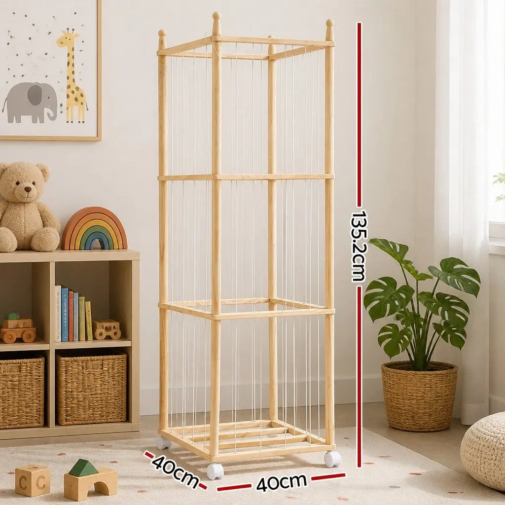 Wooden Toy Organizer Vertical Storage Tower for Stuffed Animals with Wheels Natural Lightwood 135cm
