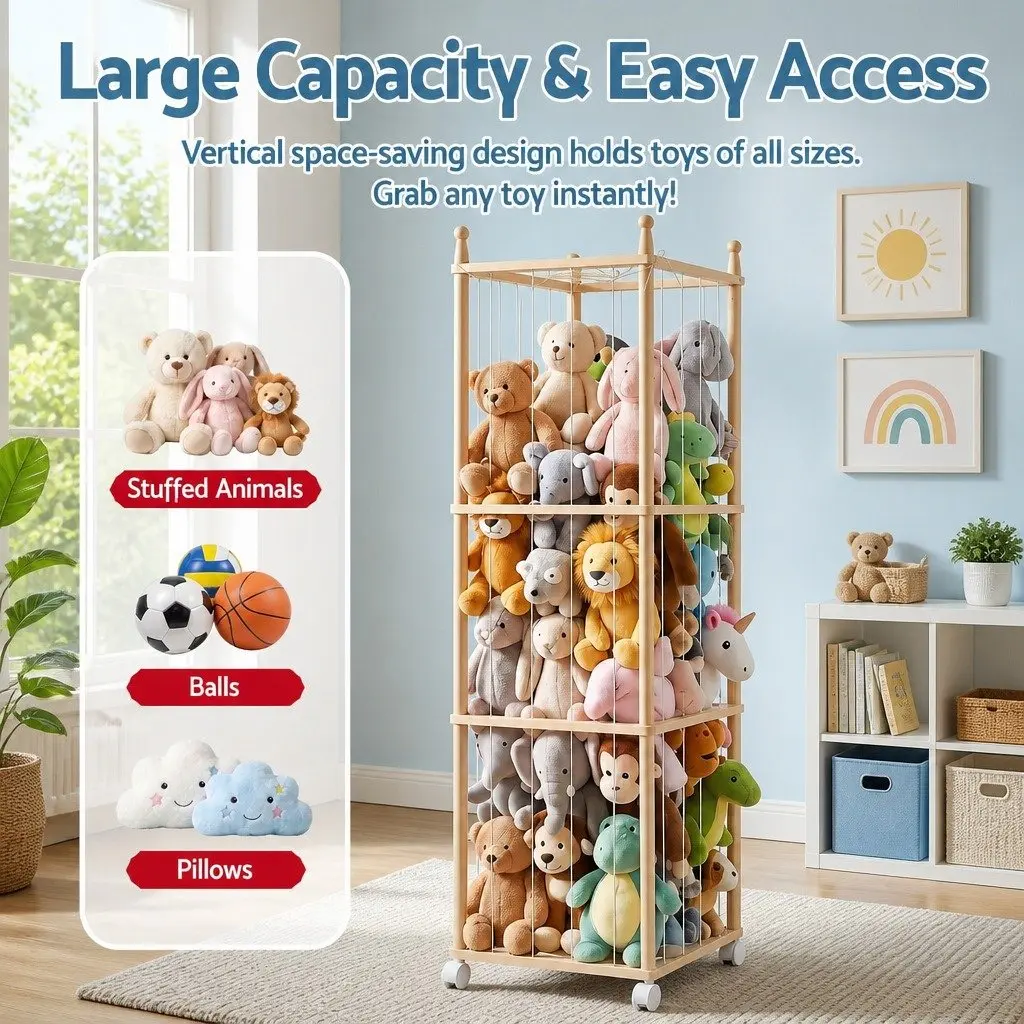 Wooden Toy Organizer Vertical Storage Tower for Stuffed Animals with Wheels Natural Lightwood 135cm