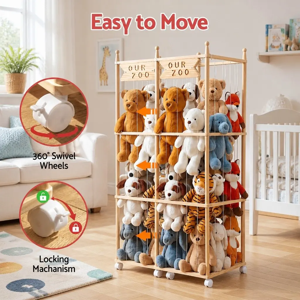 Wooden Toy Organizer Vertical Storage Tower for Stuffed Animals with Wheels Natural Lightwood 135cm