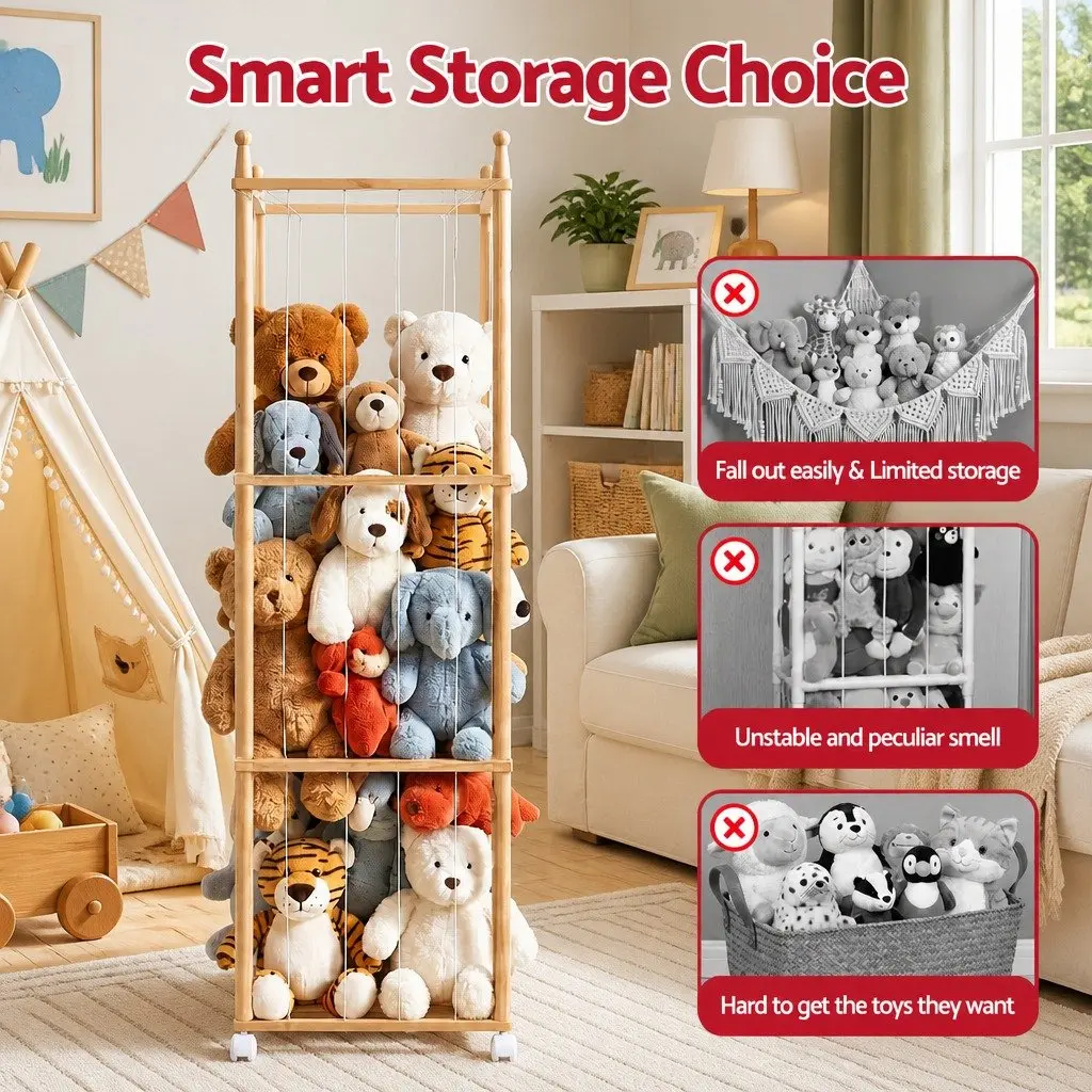 Wooden Toy Organizer Vertical Storage Tower for Stuffed Animals with Wheels Natural Lightwood 135cm