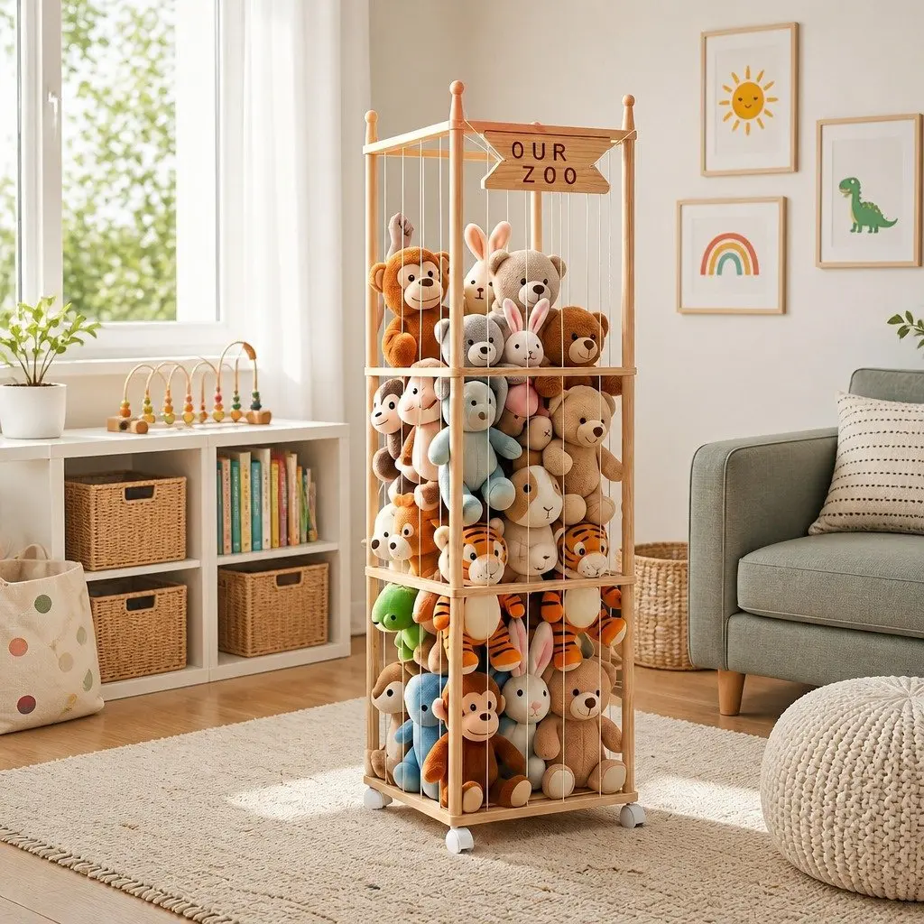 Wooden Toy Organizer Vertical Storage Tower for Stuffed Animals with Wheels Natural Lightwood 135cm