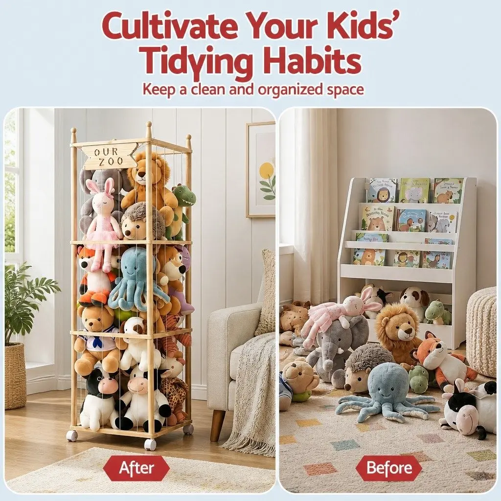 Wooden Toy Organizer Vertical Storage Tower for Stuffed Animals with Wheels Natural Lightwood 135cm