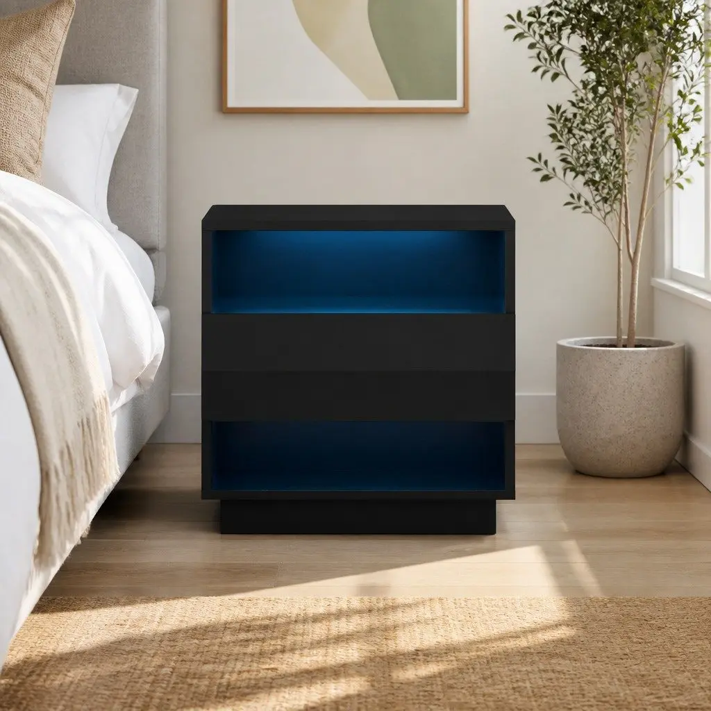 Bedside Table with LED Lighting 2 Shelves Drawer Modern Bedroom Furniture Black