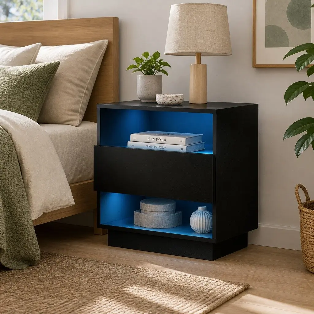 Bedside Table with LED Lighting 2 Shelves Drawer Modern Bedroom Furniture Black