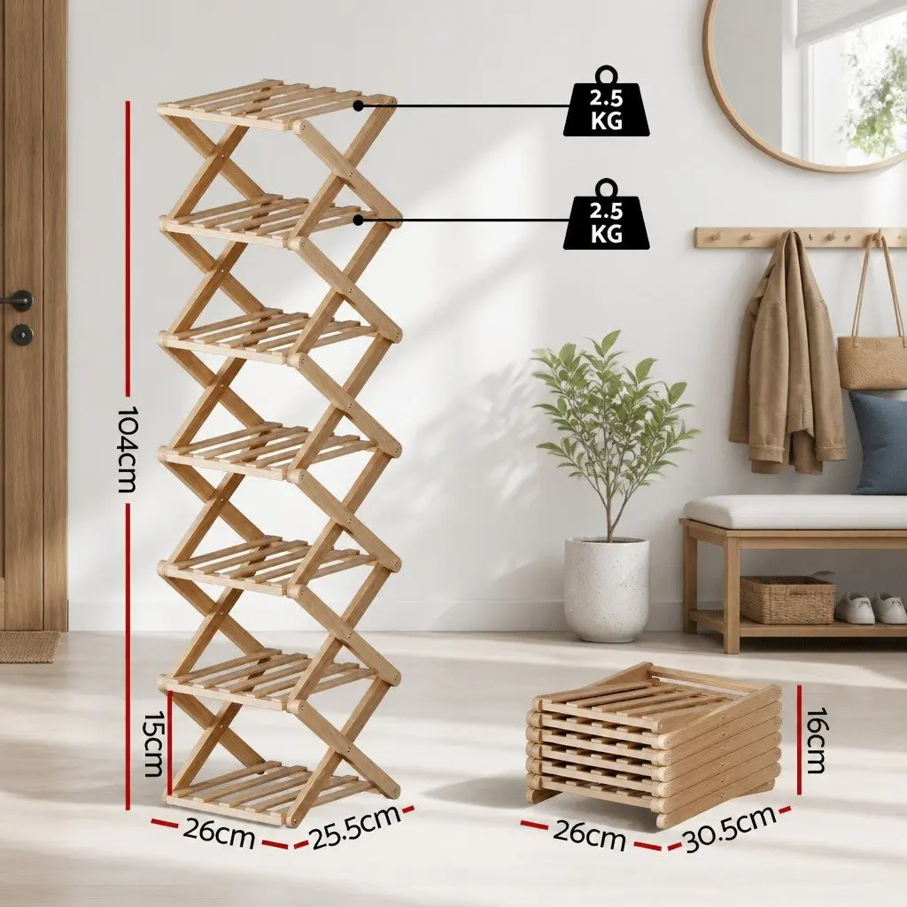 7 Tier Bamboo Foldable Shoe Rack Organizer Entryway Storage Natural