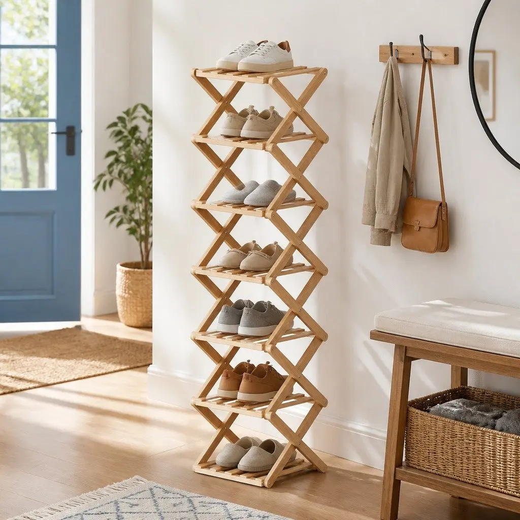 7 Tier Bamboo Foldable Shoe Rack Organizer Entryway Storage Natural