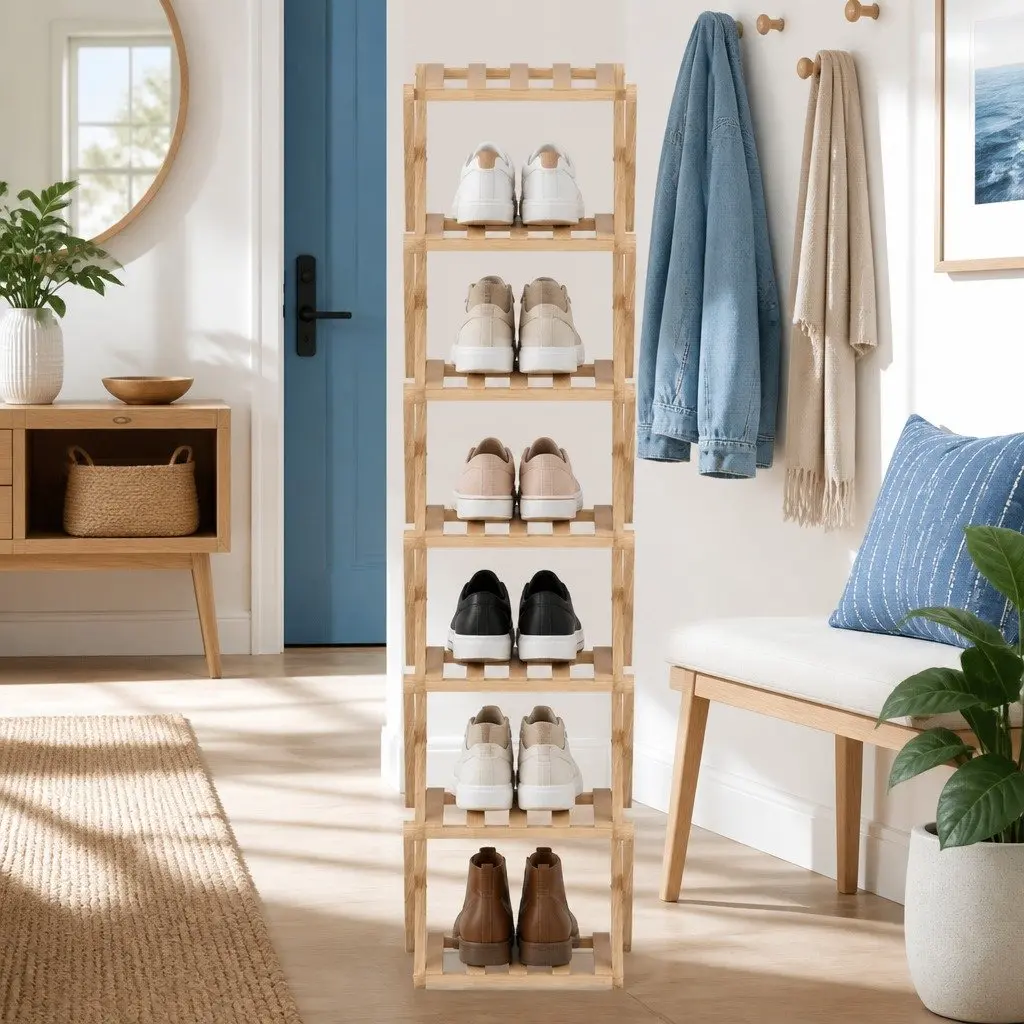 7 Tier Bamboo Foldable Shoe Rack Organizer Entryway Storage Natural