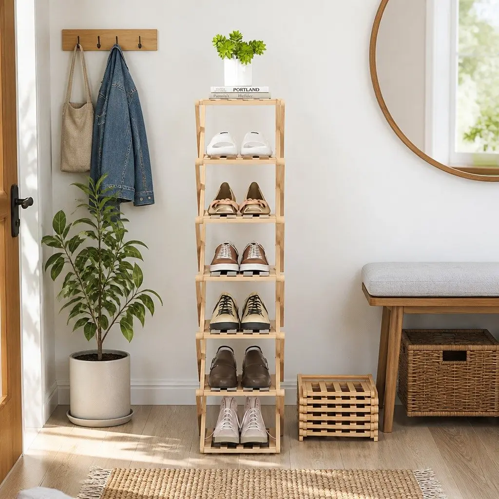 7 Tier Bamboo Foldable Shoe Rack Organizer Entryway Storage Natural