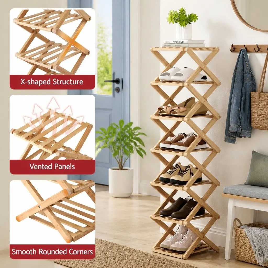 7 Tier Bamboo Foldable Shoe Rack Organizer Entryway Storage Natural