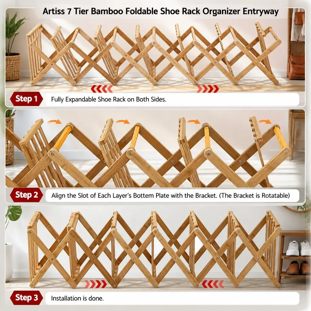 7 Tier Bamboo Foldable Shoe Rack Organizer Entryway Storage Natural