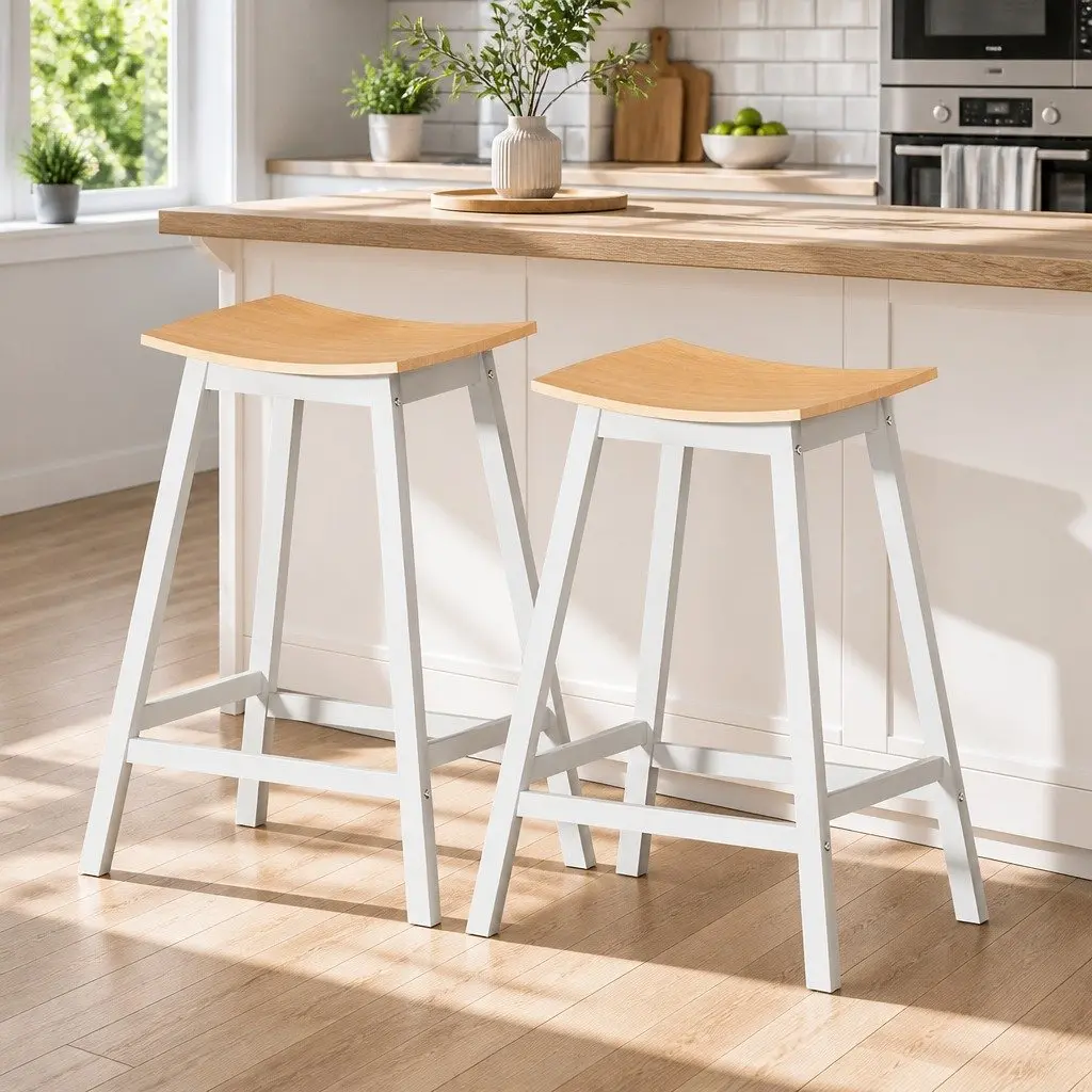 Bar Stools Saddle Seat Wooden Pine and Plywood 64cm Height Set of 2 Kitchen Dining