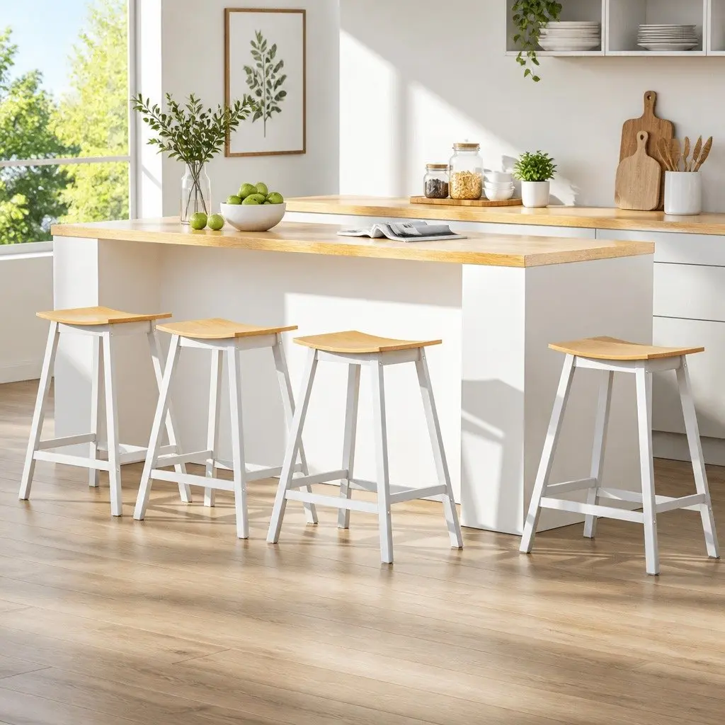 Bar Stools Wooden Saddle Seat Set of 4 Pine and White Reinforced Steel Frame 64cm Height