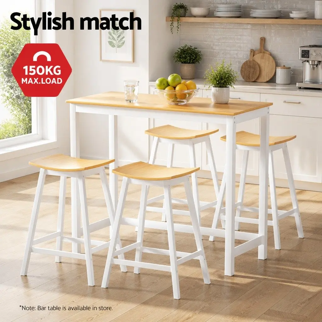Bar Stools Wooden Saddle Seat Set of 4 Pine and White Reinforced Steel Frame 64cm Height