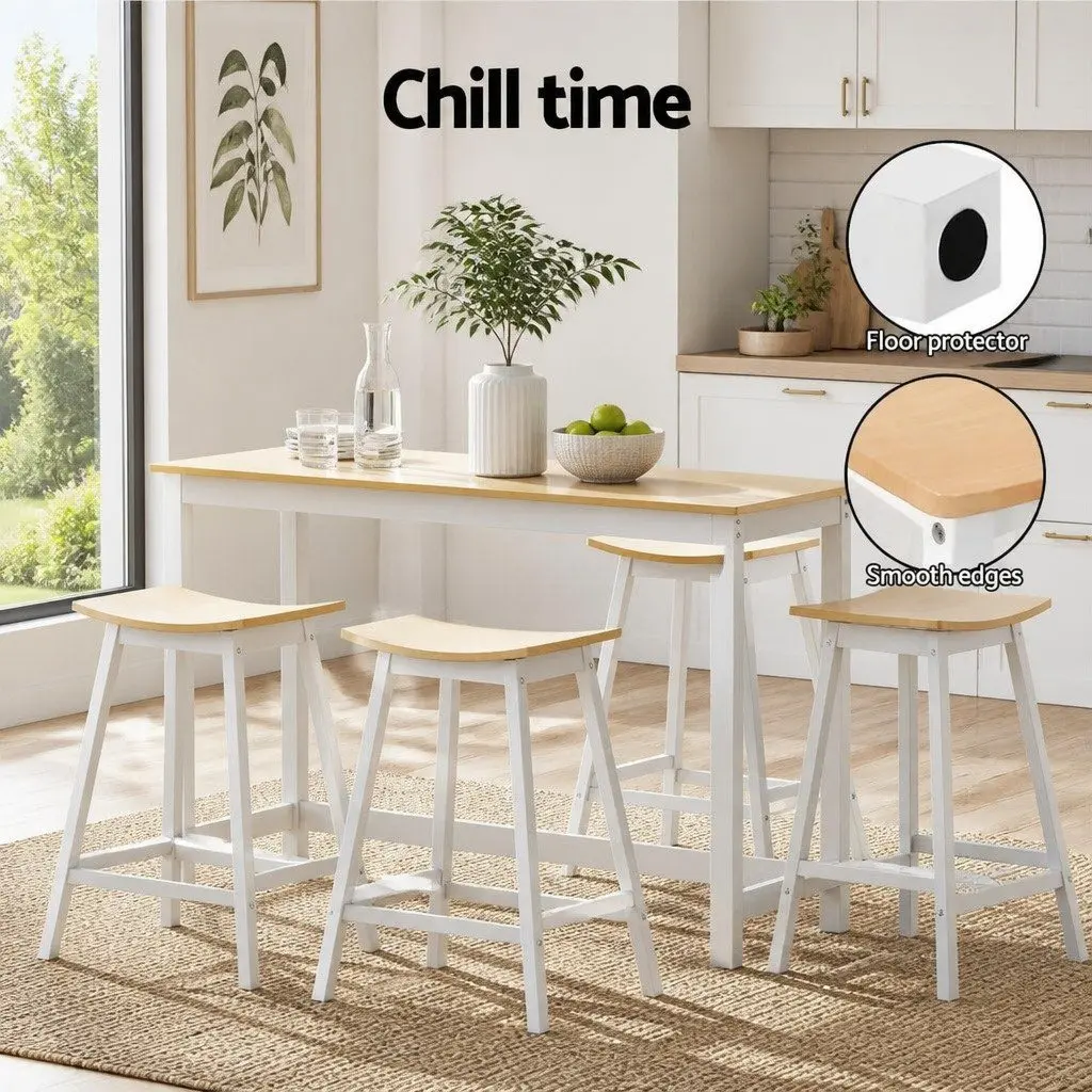 Bar Stools Wooden Saddle Seat Set of 4 Pine and White Reinforced Steel Frame 64cm Height