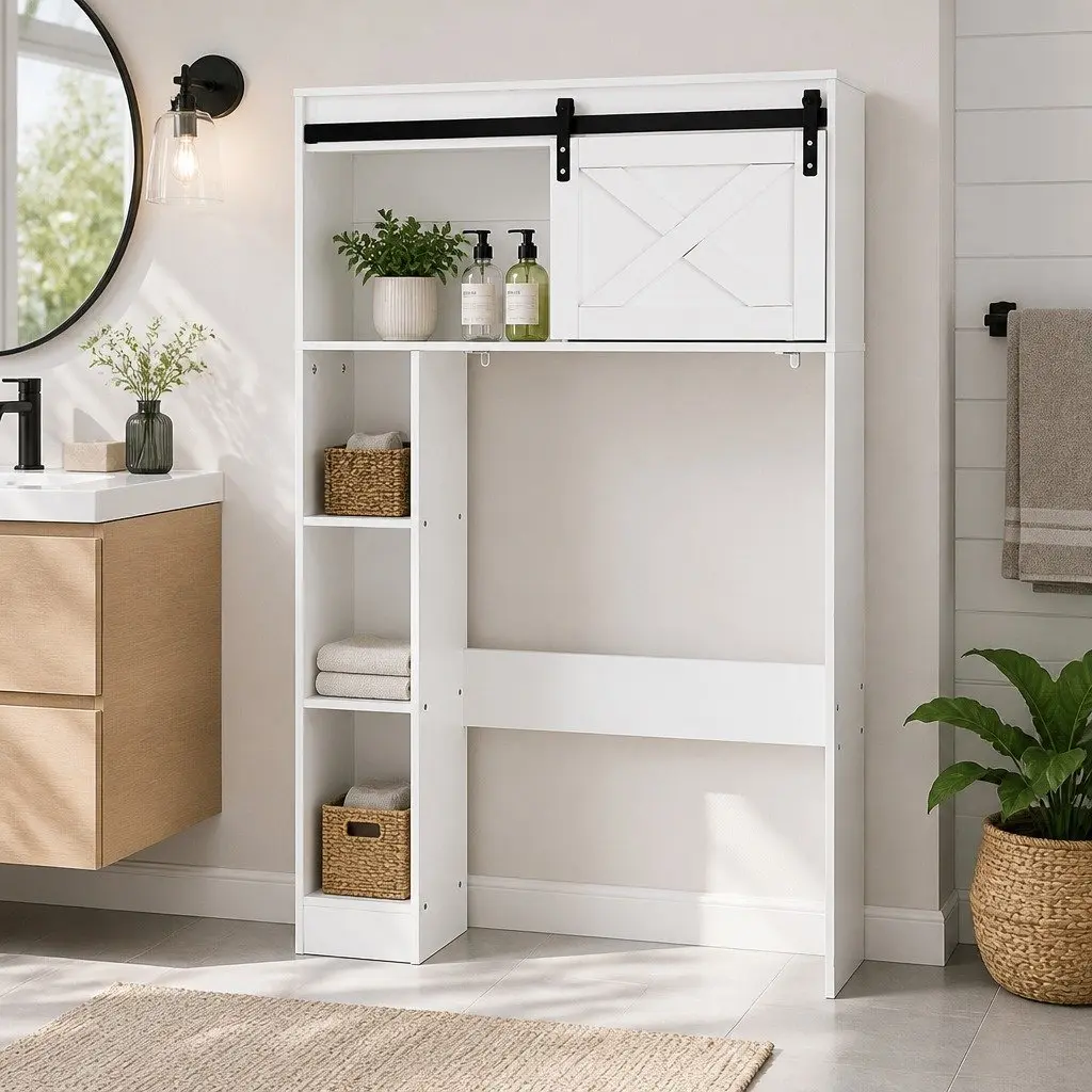 Bathroom Storage Cabinet Over Toilet White 3-Tier Open Shelves Sliding Door