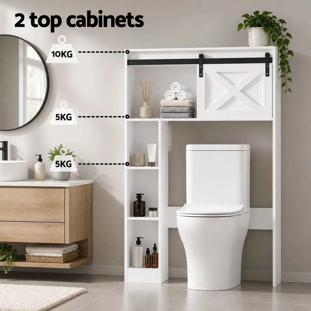 Bathroom Storage Cabinet Over Toilet White 3-Tier Open Shelves Sliding Door