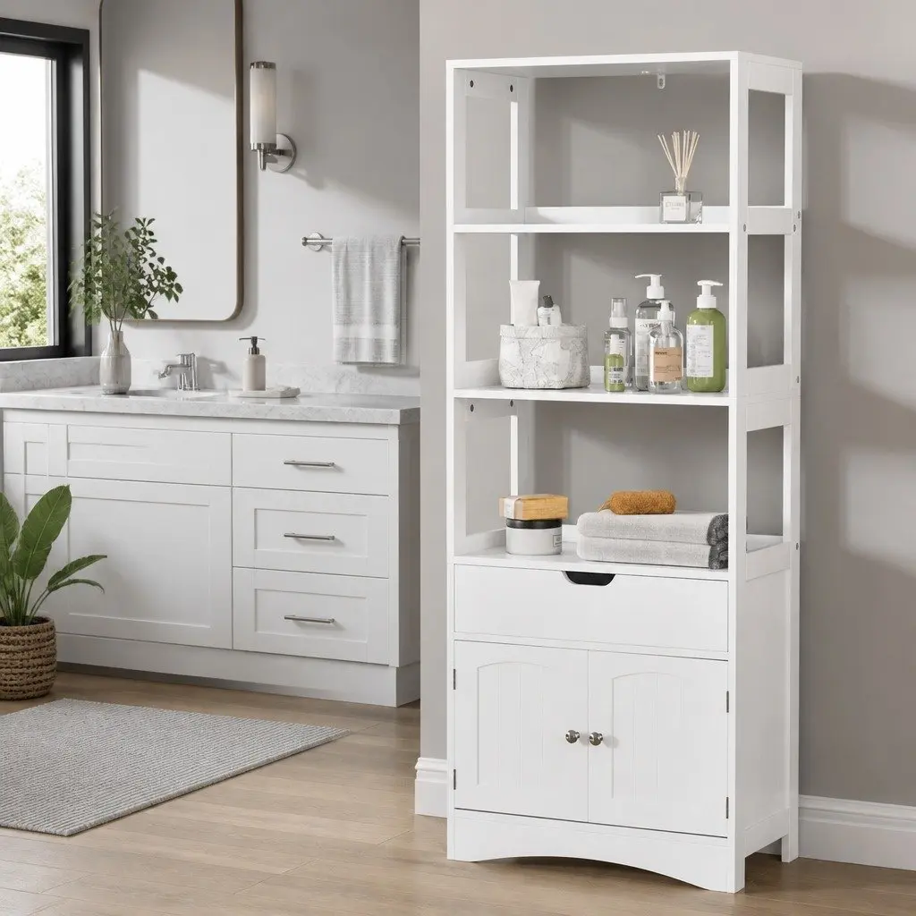 Bathroom Storage Cabinet MDF White 2 Drawers 3 Open Shelves 2 Doors