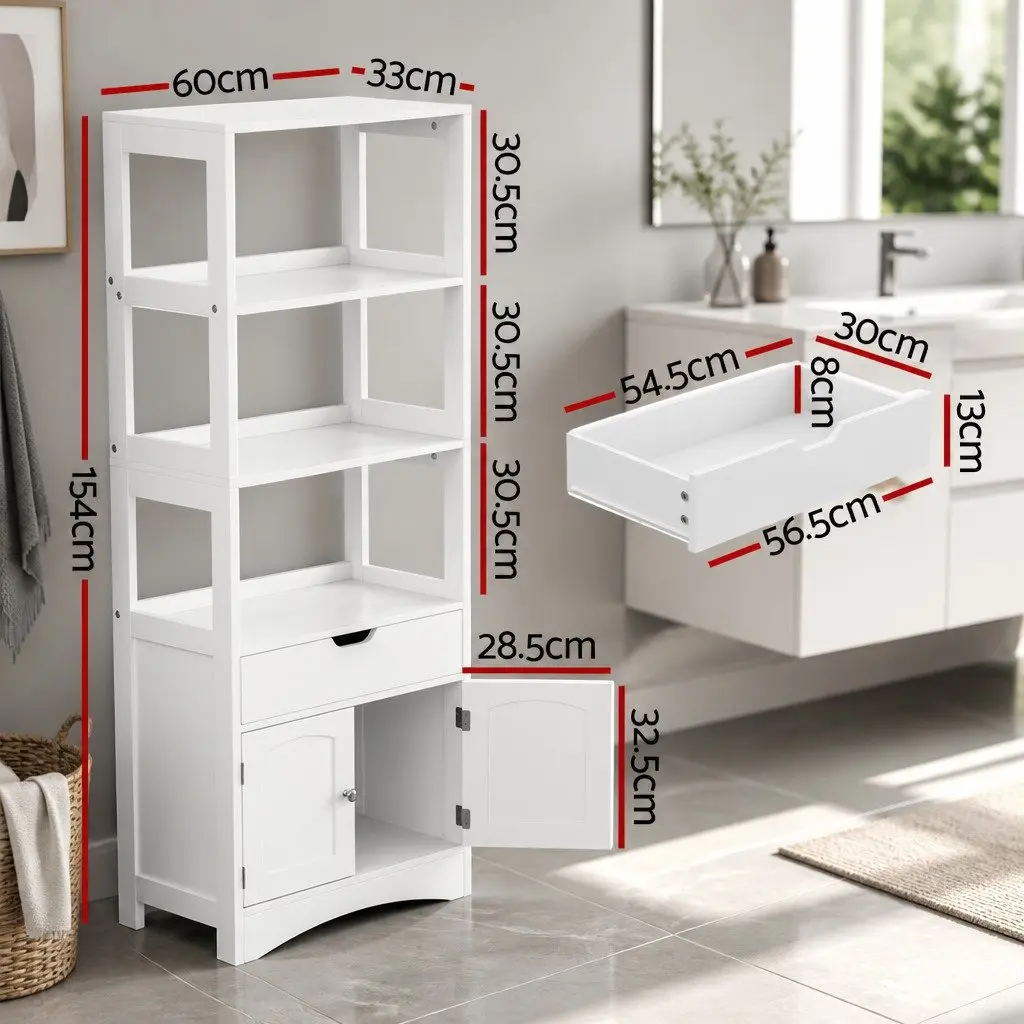 Bathroom Storage Cabinet MDF White 2 Drawers 3 Open Shelves 2 Doors