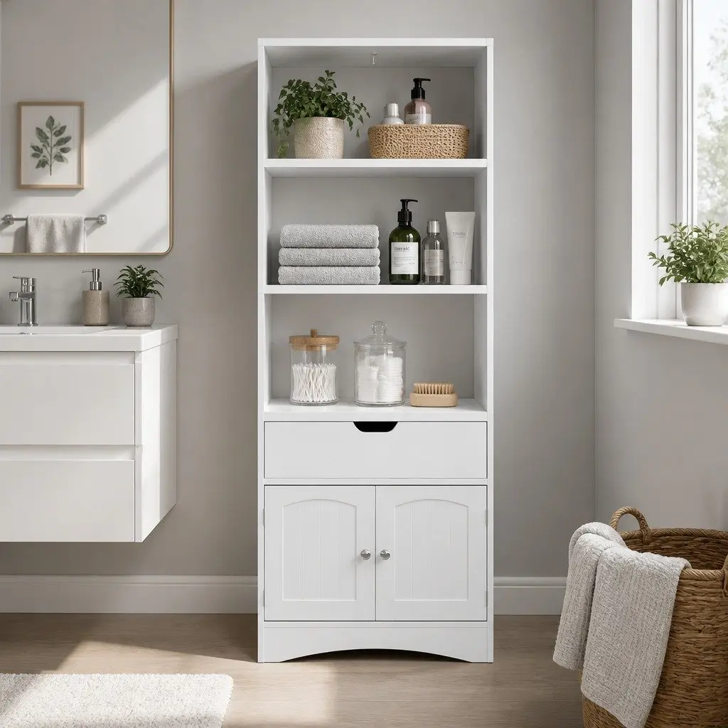 Bathroom Storage Cabinet MDF White 2 Drawers 3 Open Shelves 2 Doors