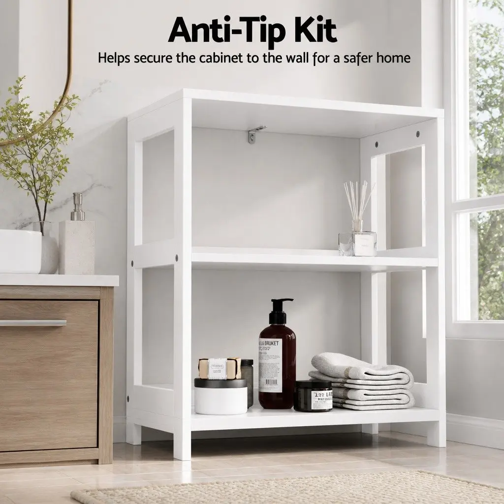 Bathroom Storage Cabinet MDF White 2 Drawers 3 Open Shelves 2 Doors
