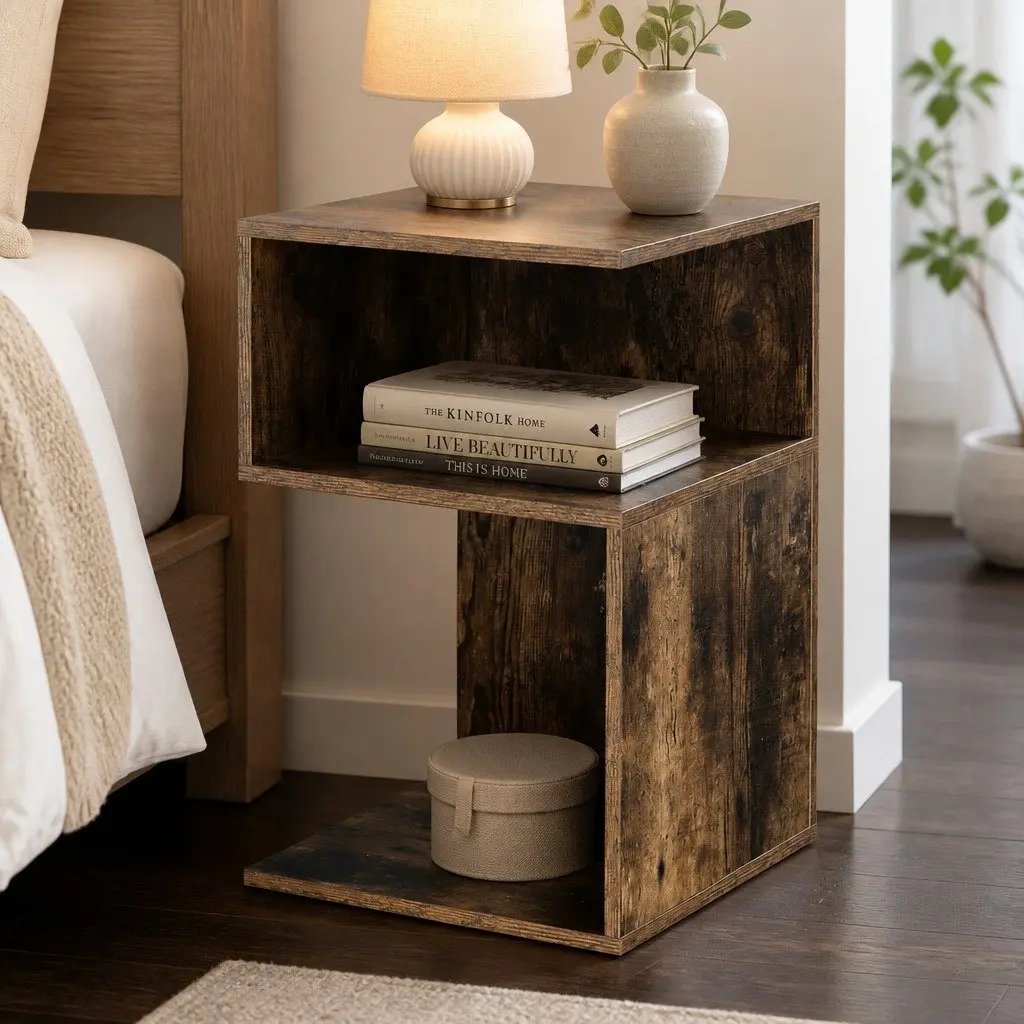 Bedside Table Particle Board Natural Wood 33cm W x 33cm D x 50cm H