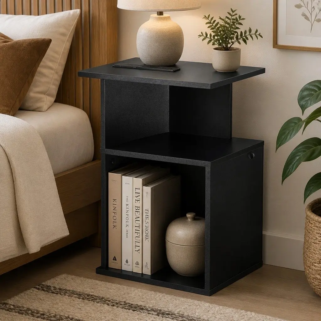 Bedside Table S-Shaped 2 Shelves Particle Board 33cm x 33cm x 50cm Black