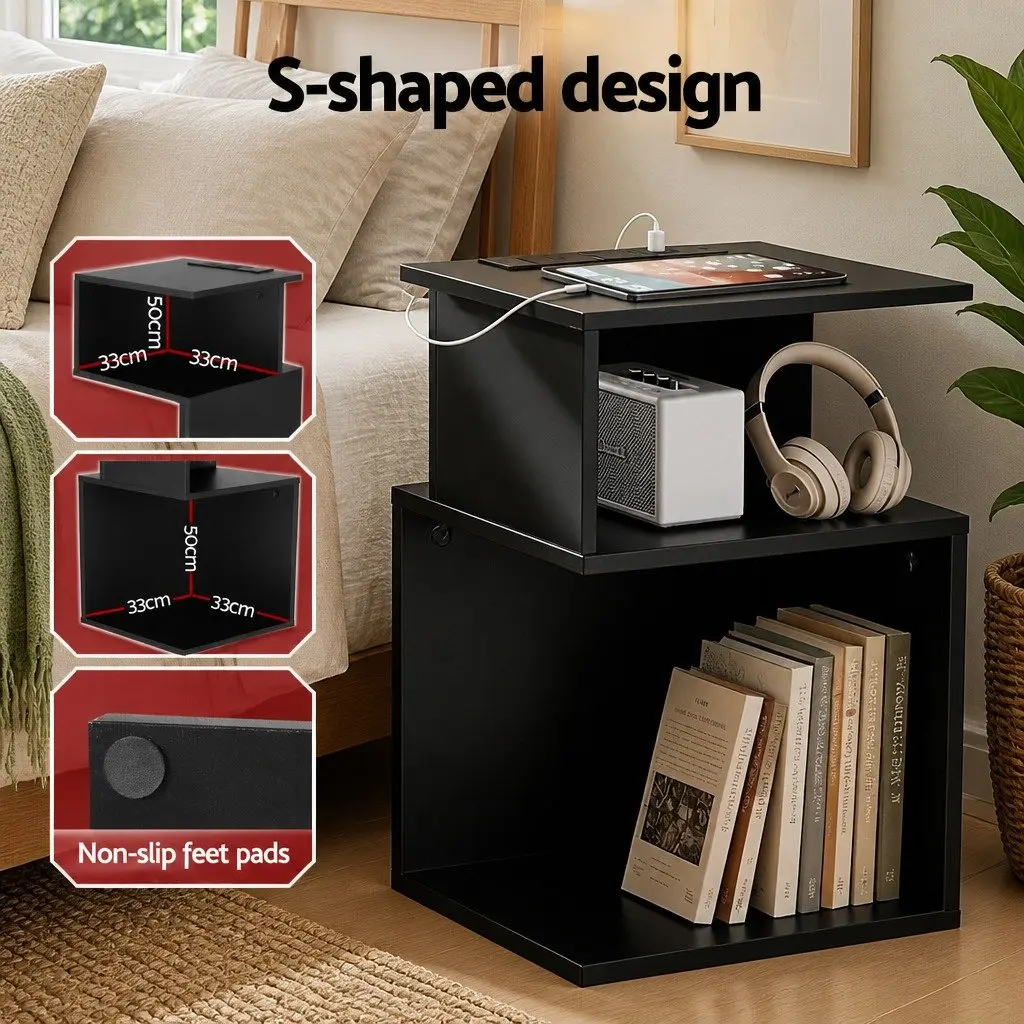 Bedside Table S-Shaped 2 Shelves Particle Board 33cm x 33cm x 50cm Black