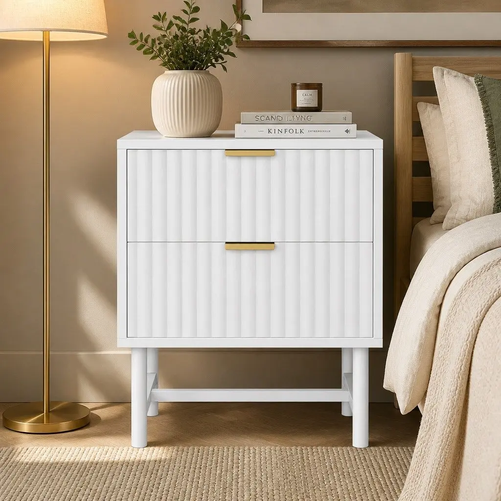 Bedside Table MDF 15mm 2 Drawers White