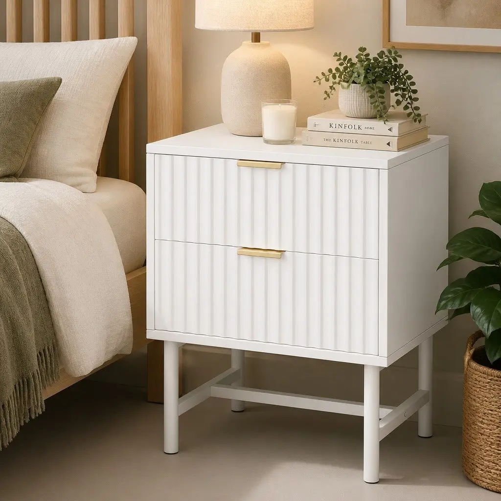 Bedside Table MDF 15mm 2 Drawers White