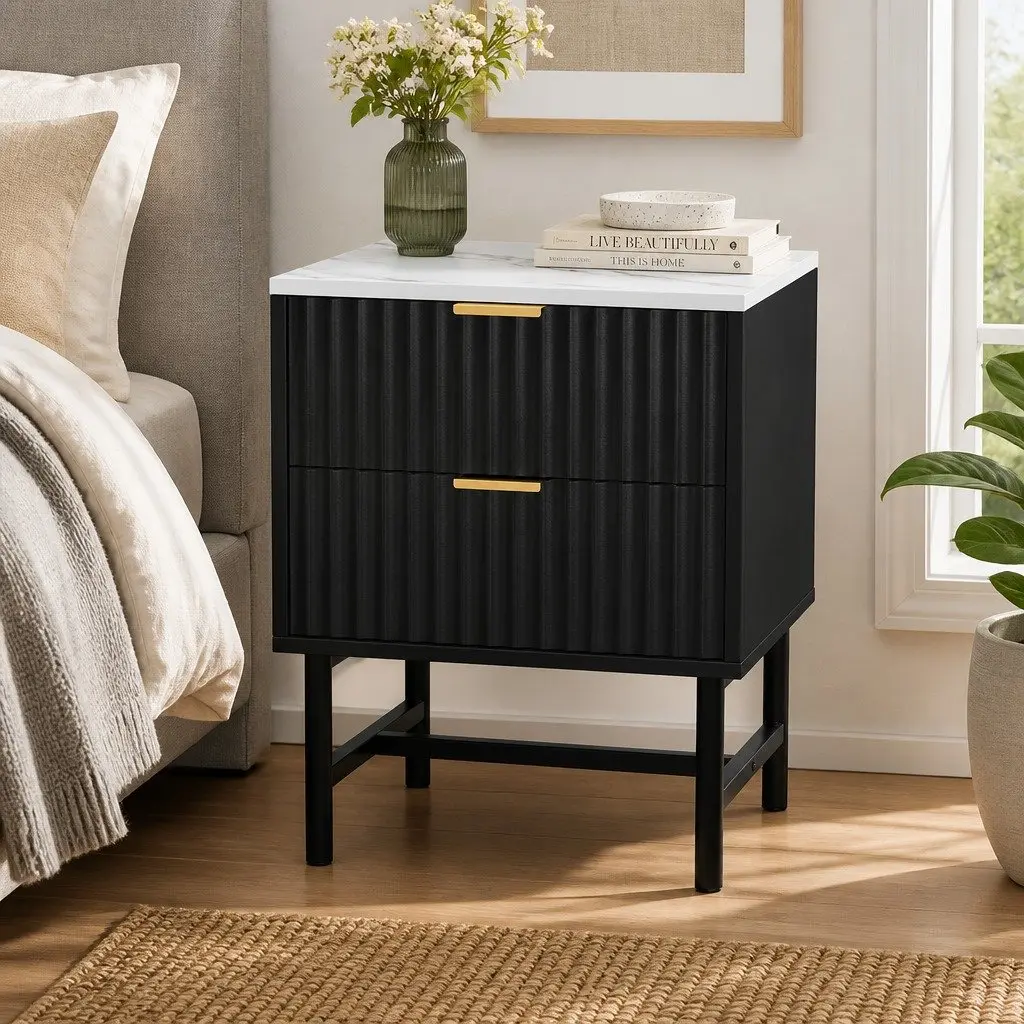 Nightstand Black White Bedroom Storage MDF 2 Drawer Bedside Table