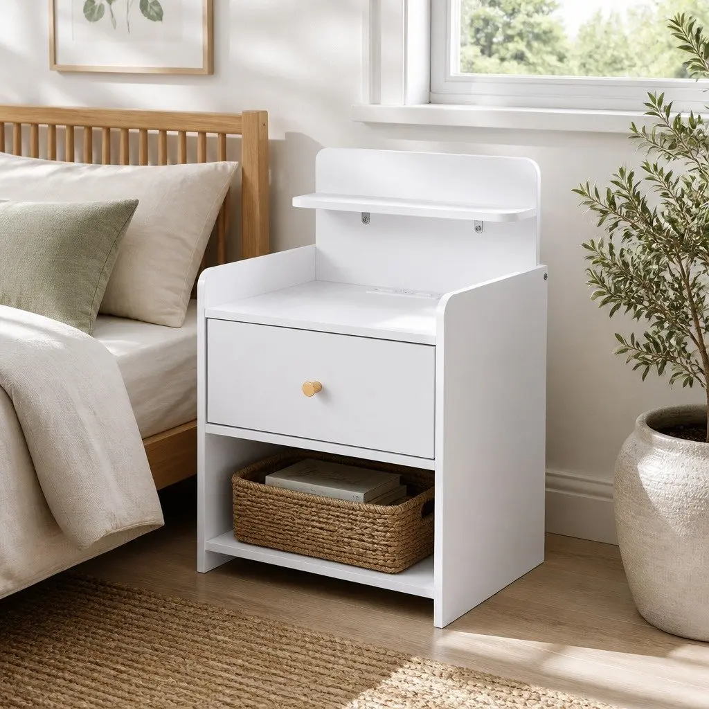 Bedside Table E1 Particle Board 40cm W x 30cm D x 58cm H White with Drawer and Charging Station
