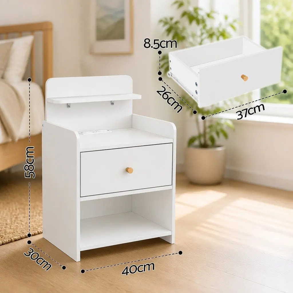 Bedside Table E1 Particle Board 40cm W x 30cm D x 58cm H White with Drawer and Charging Station