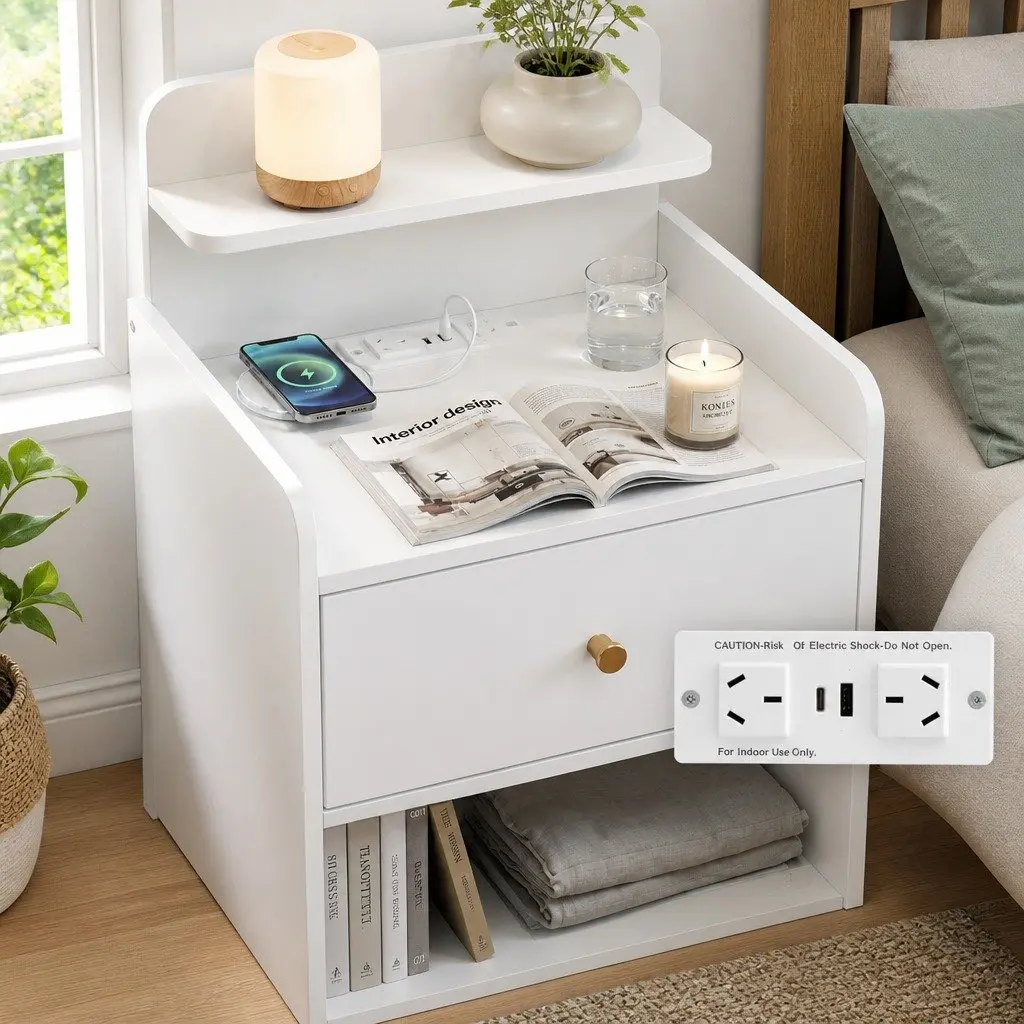 Bedside Table E1 Particle Board 40cm W x 30cm D x 58cm H White with Drawer and Charging Station