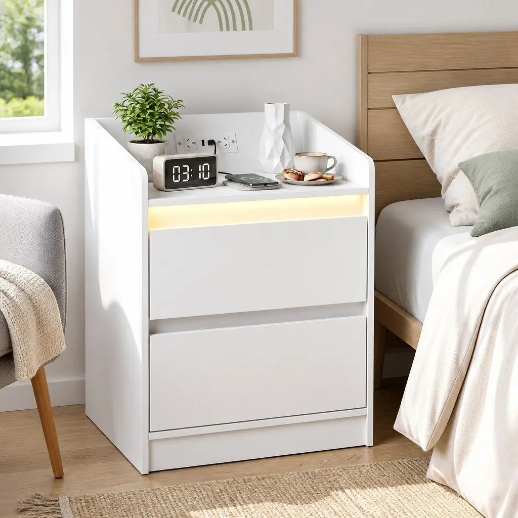 Nightstand with Charging Options & LED Lights