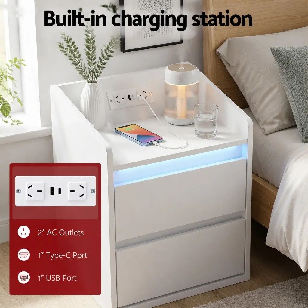 Nightstand with Charging Options & LED Lights