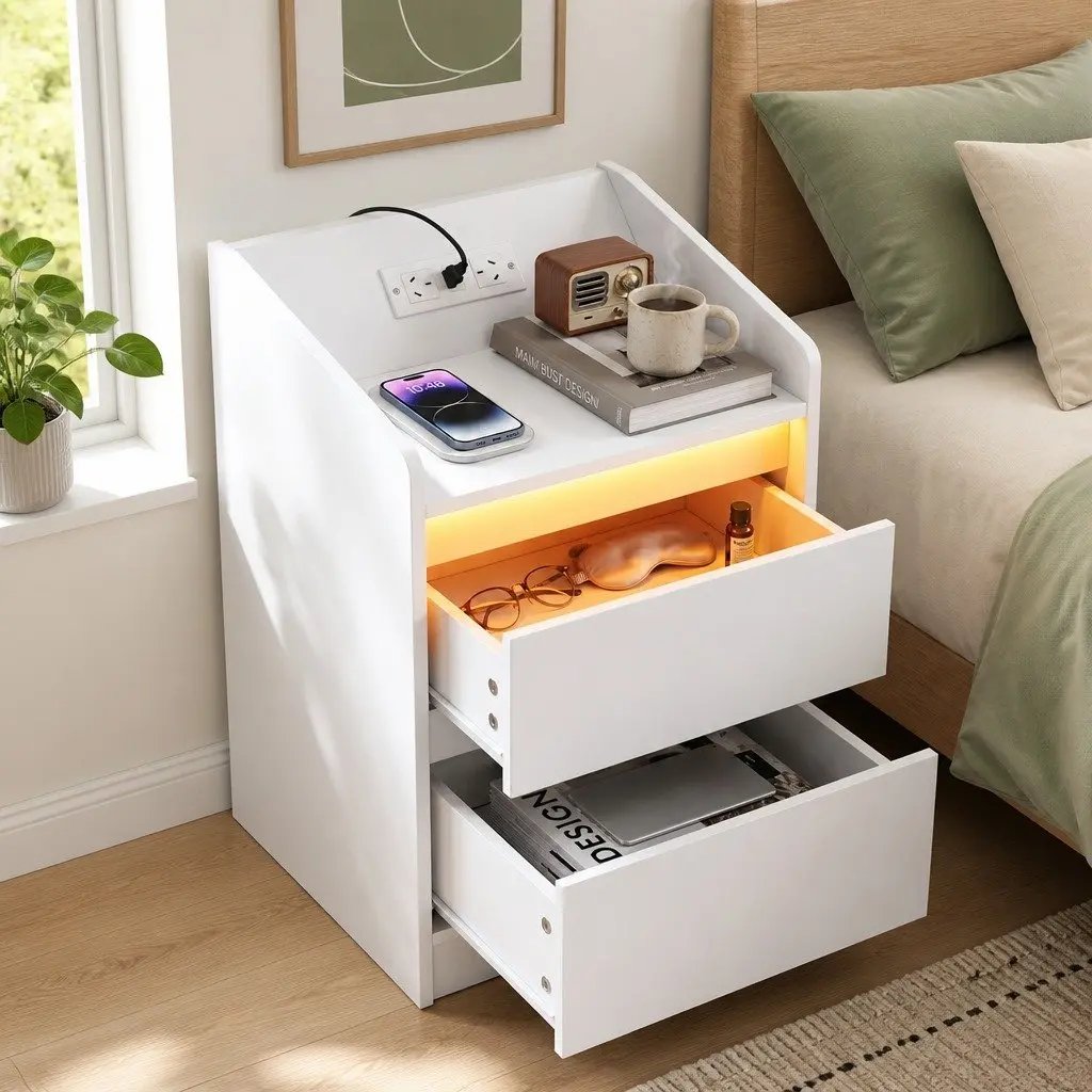 Nightstand with Charging Options & LED Lights