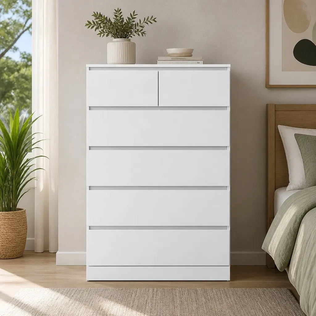 White Chest of Drawers Contemporary Particleboard 6 Drawer Bedroom Storage