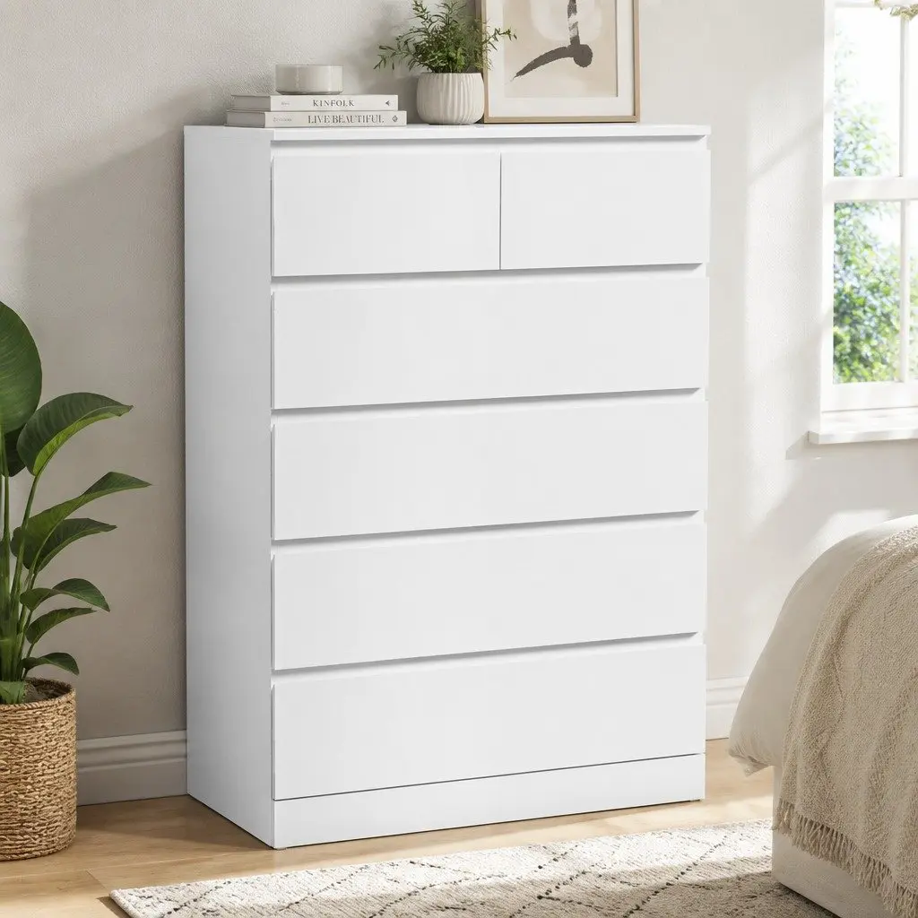 White Chest of Drawers Contemporary Particleboard 6 Drawer Bedroom Storage
