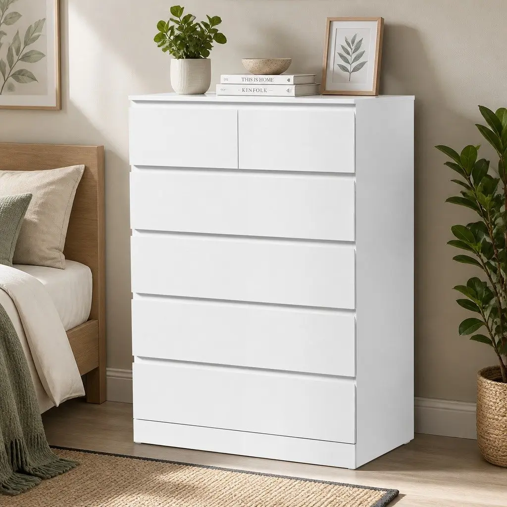 White Chest of Drawers Contemporary Particleboard 6 Drawer Bedroom Storage