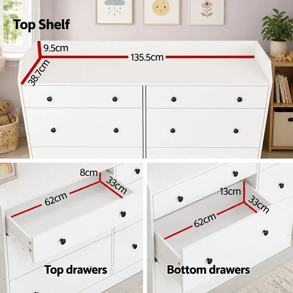 Chest of Drawers 6 Drawer White Dresser Tallboy Bedroom Storage Cabinet