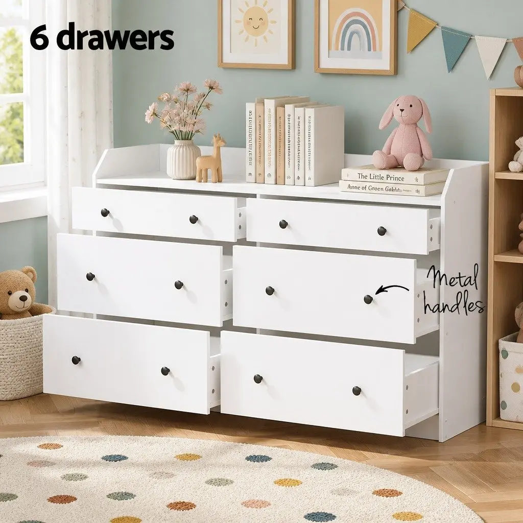 Chest of Drawers 6 Drawer White Dresser Tallboy Bedroom Storage Cabinet